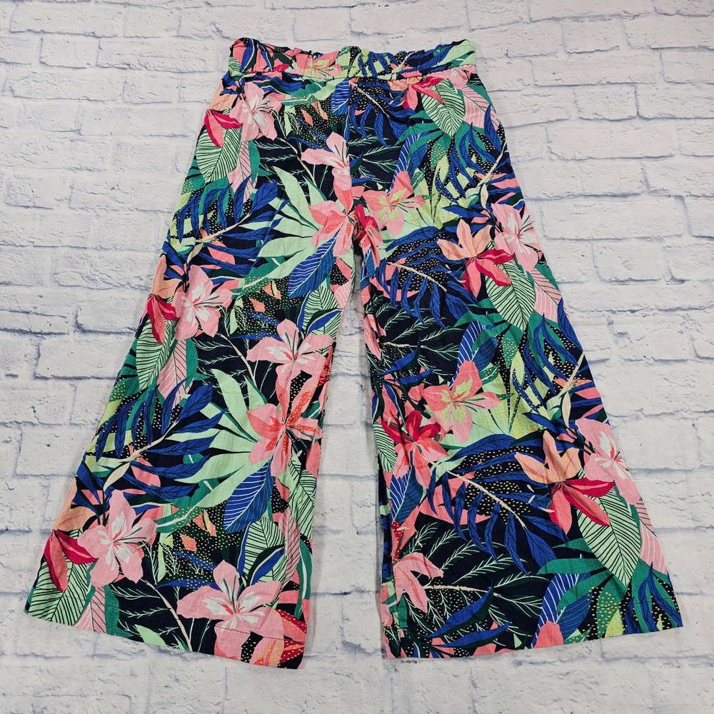 LOFT Wide Leg Pants Women L Multicolor Tropical Floral Elastic Waist Cropped - Picture 11 of 12